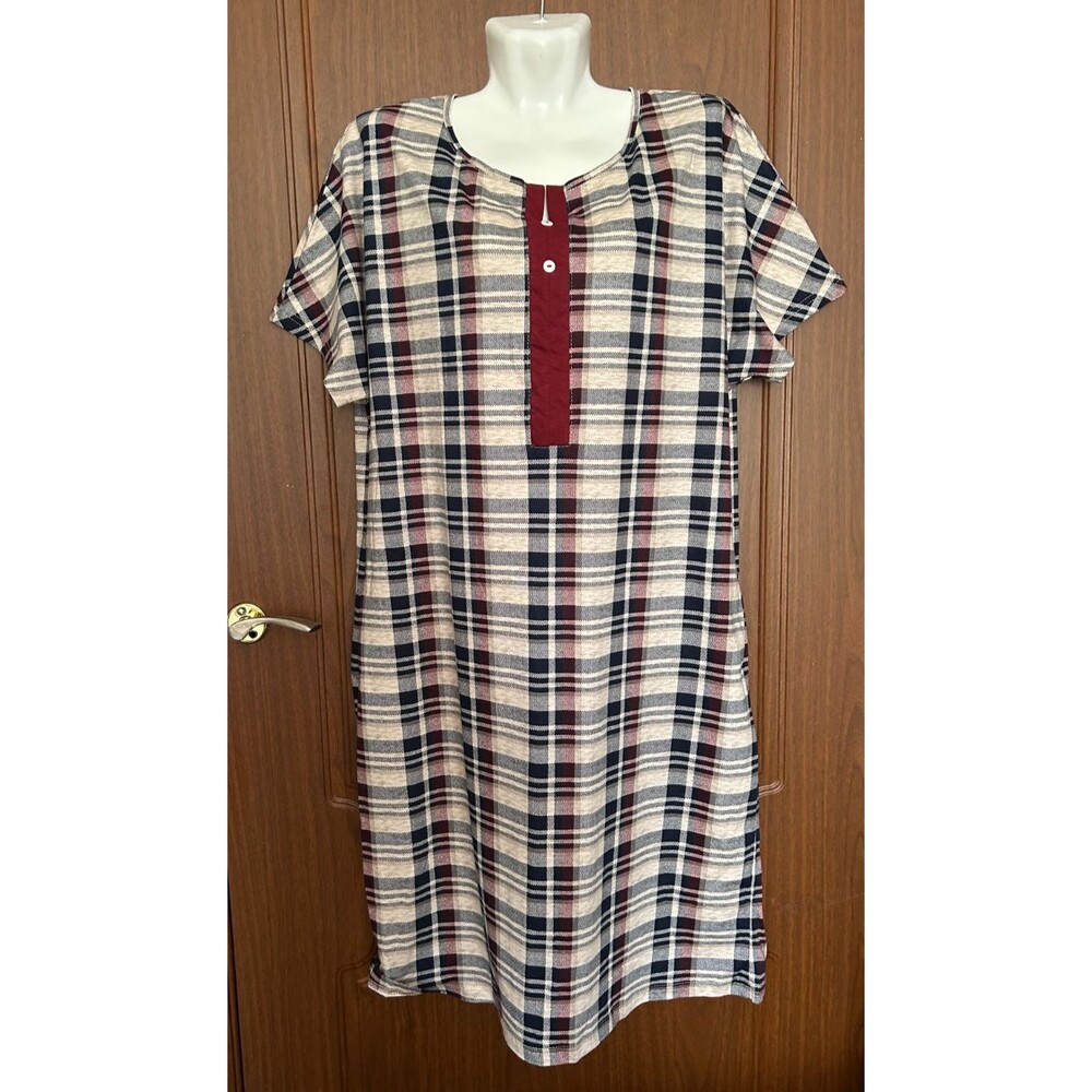 Women M Beige Print Cotton Knit Midi Nightgown Short Sleeve Pockets Lounge Dress